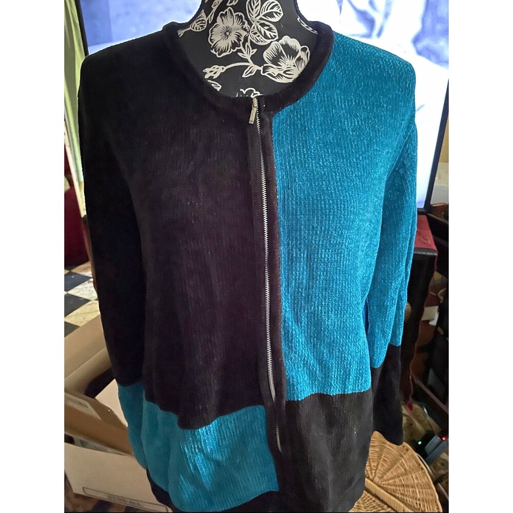 Studio Womens M Black Blue Colorblock Full Zip Knit Chenille Sweater Long Sleeve